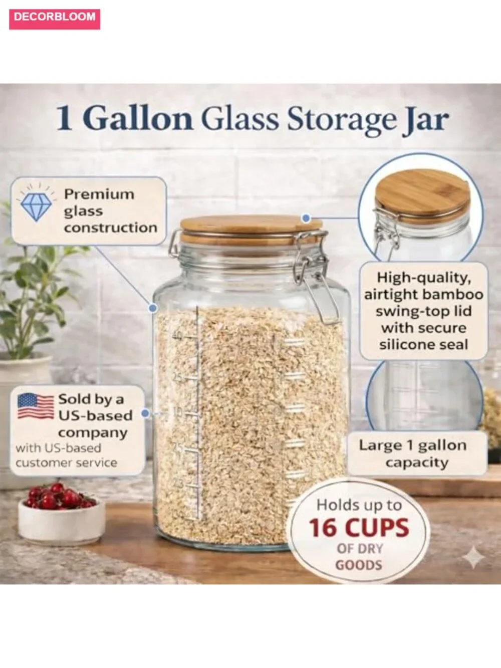 1 Gallon Mason Jars Wide Mouth with Airtight Bamboo Lids – Set of 2